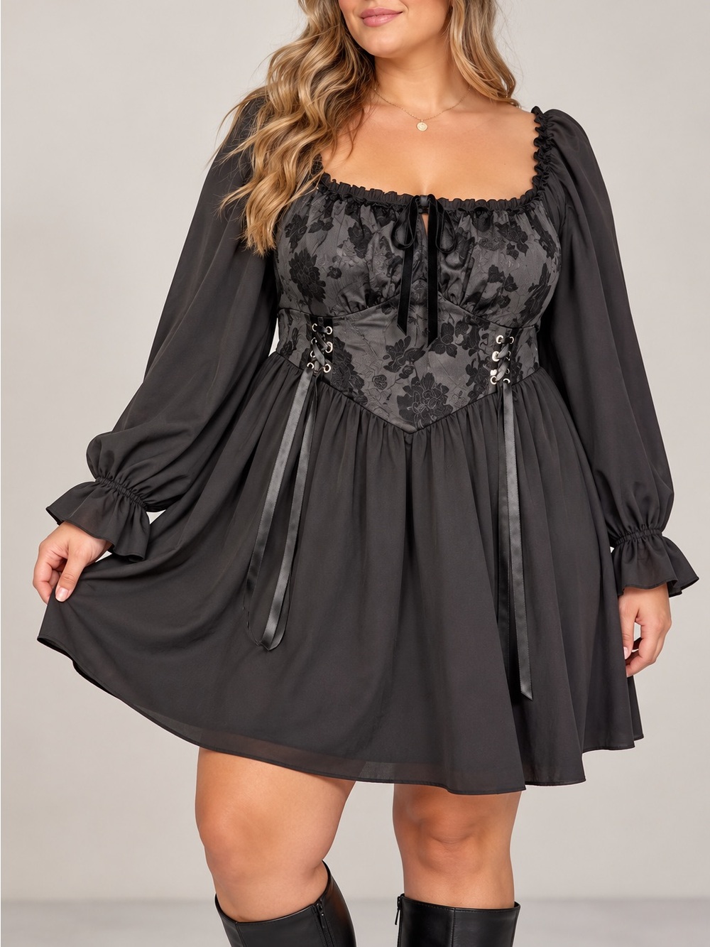 3XL Gothic Kawaii Dress Black Floral Corset Lace Up Fairycore Romantic Goth L01